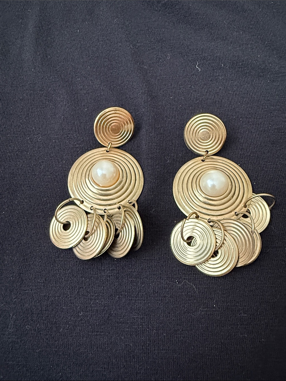 Gold Spiral Statement Drop Earrings with Pearl Accent